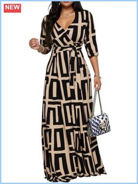 Women's Plus Size Maxi Wrap Dress V Neck 3/4 Sleeve Tie Waist Floral